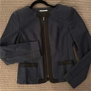 Women's T Tahari  Navy Jacket with Black Trim, zip front, patch pockets. Lined.